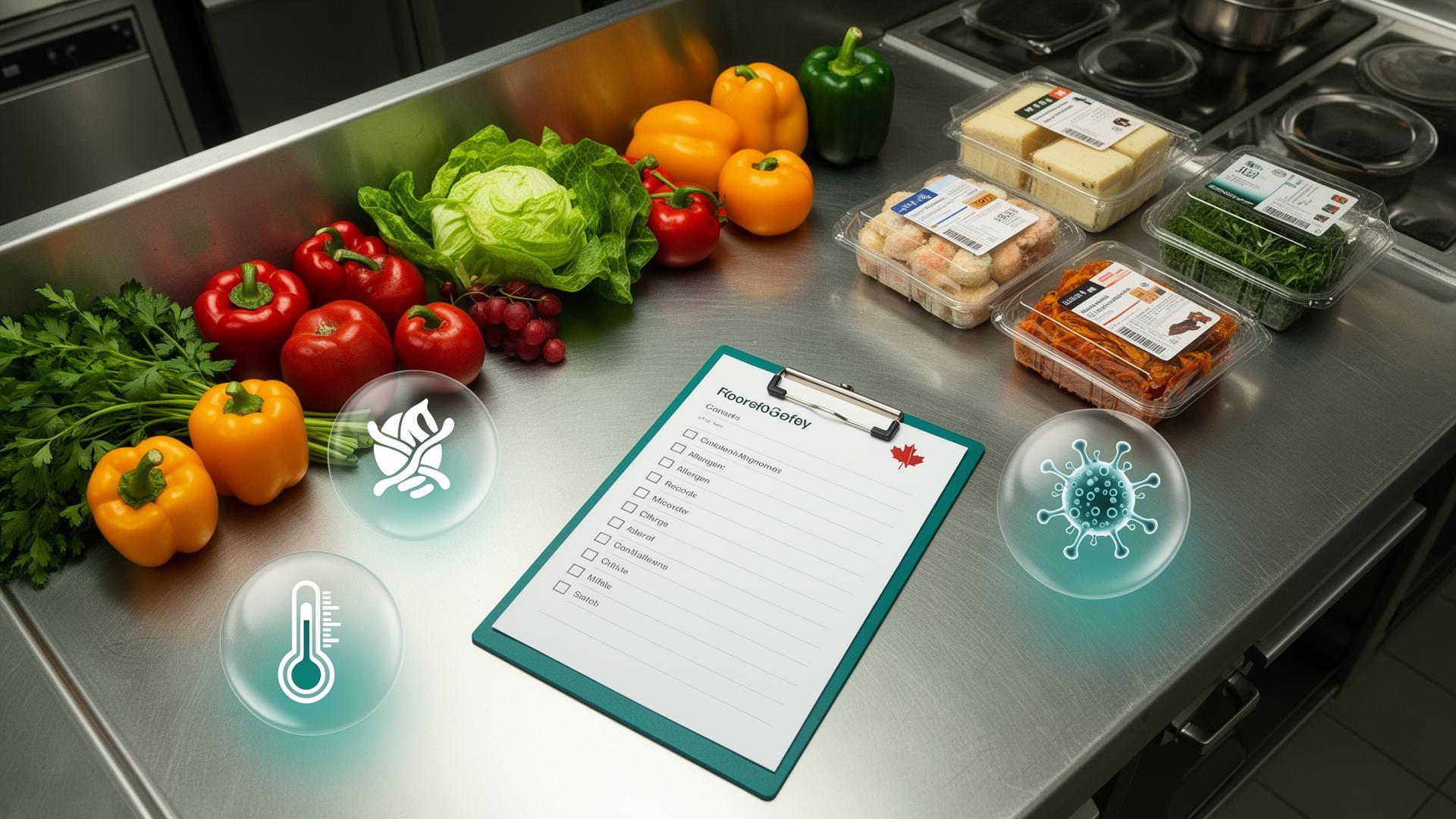 Stainless steel commercial food prep area with packaged foods and an FDA inspection clipboard